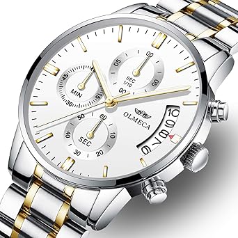 KASHIDUN Mens Casual Quartz Analog Watches Waterproof Luminous Chronograph Steel Watches-White.TL-JBG