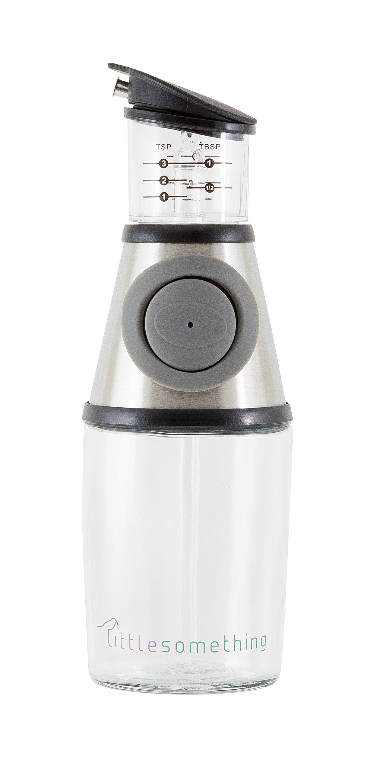 LittleSomething Olive Oil and Vinegar Dispenser - Glass Oil Bottle Non Drip 11 Ounce - Measuring Oil Pourer for Kitchen - Stainless Steel Silver