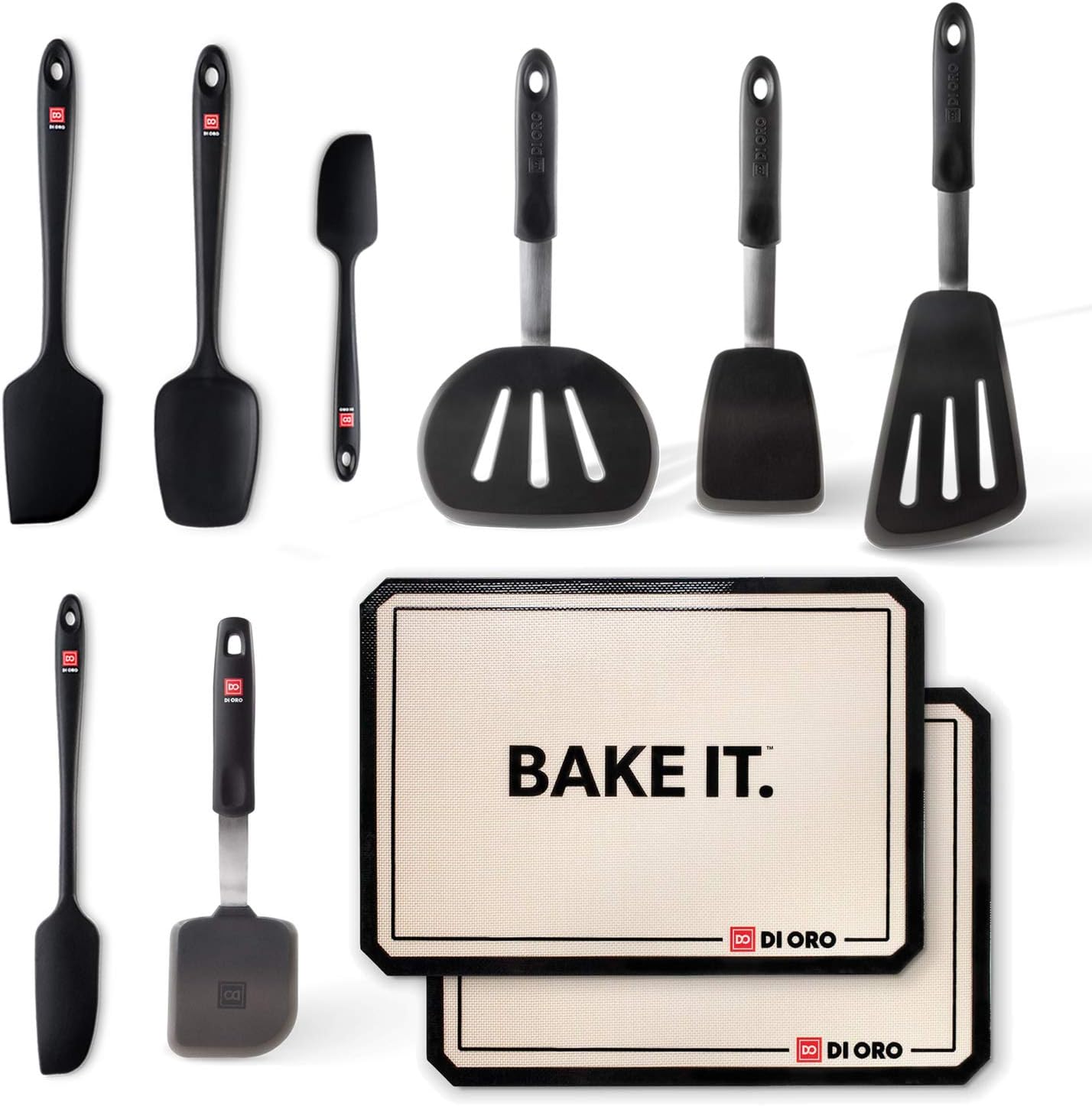 DI ORO Baker's Bundle 10-Piece Silicone Kitchen Utensil Set - 4 Black Seamless Silicone Spatulas, 4 Turner Spatulas, 2 Silicone Baking Mats - The Perfect Christmas, Housewarming, Wedding Gift