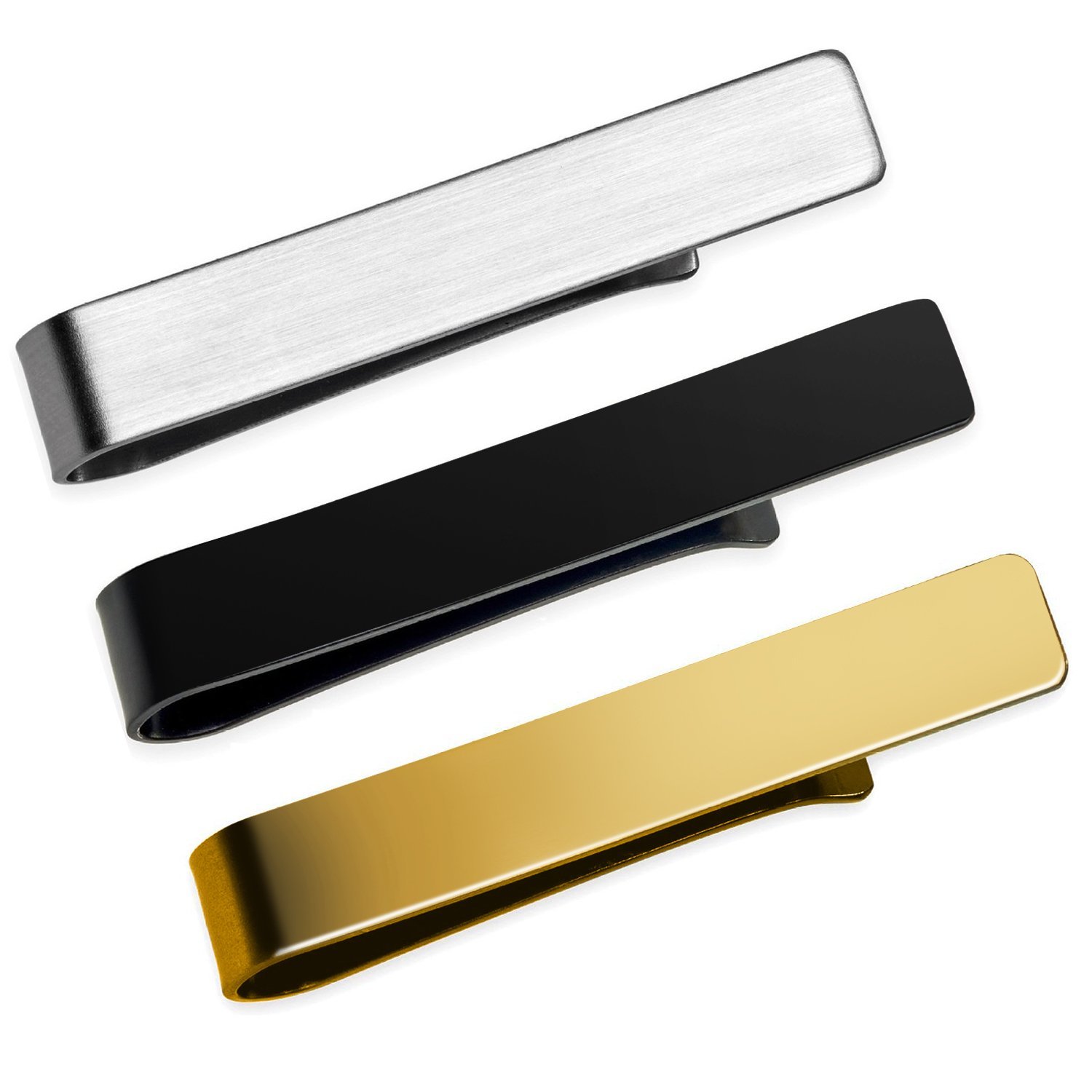 UHIBROS Mens Tie Clip Tie Bar Set for Regular Ties 2.12 inch Silver, Black, Gold Tone Luxury Gift Box-Great Father\'s Day Gift