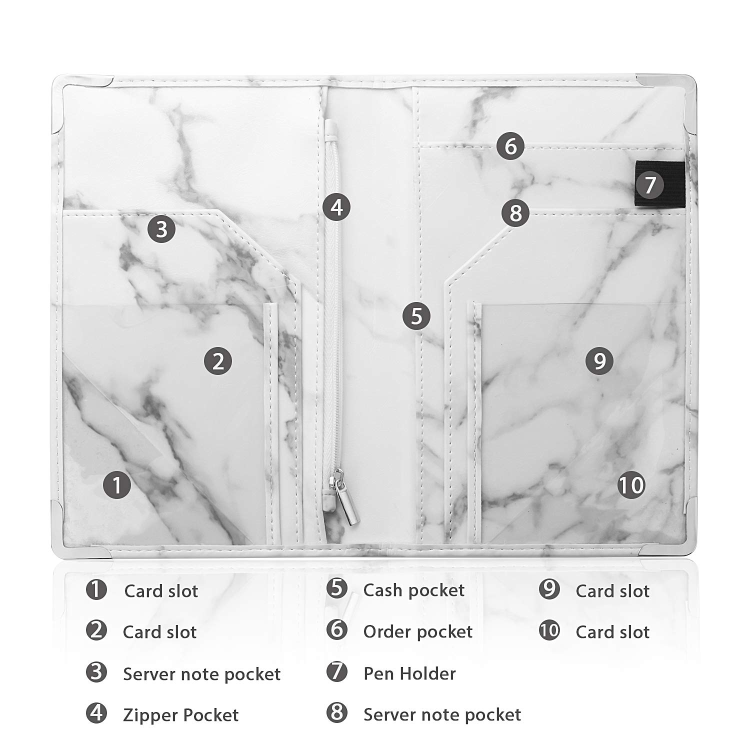 Marble Style Server Book - Nine Pockets - Zipper Pouch - Pen/Order Pad/Card Holder - Classy White - PU Leather Flaps - Signature Style - Deluxe Elegant