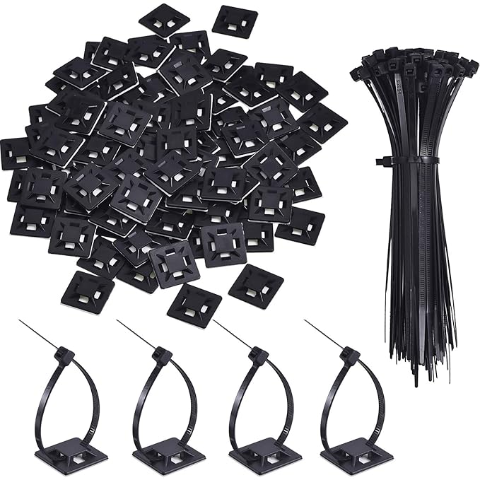 100 Piezas de Soporte de Base de Atar Cable Auto Adhesivo Montaje Adhesivo de Cable Negro con Brida Negra de Cable de Múltiples Usos (Longitud 150 mm, Anchura 2 cm)