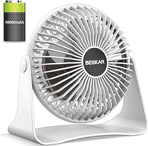 BESKAR 10000mAh Rechargeable Battery Operated Small Table Fan, 2020 New 6-Inch Personal Quiet Fan with 36Hrs Long Working Time, 3 Speeds & Strong Airflow, Mini USB Desk Fan for Office Bedroom Home