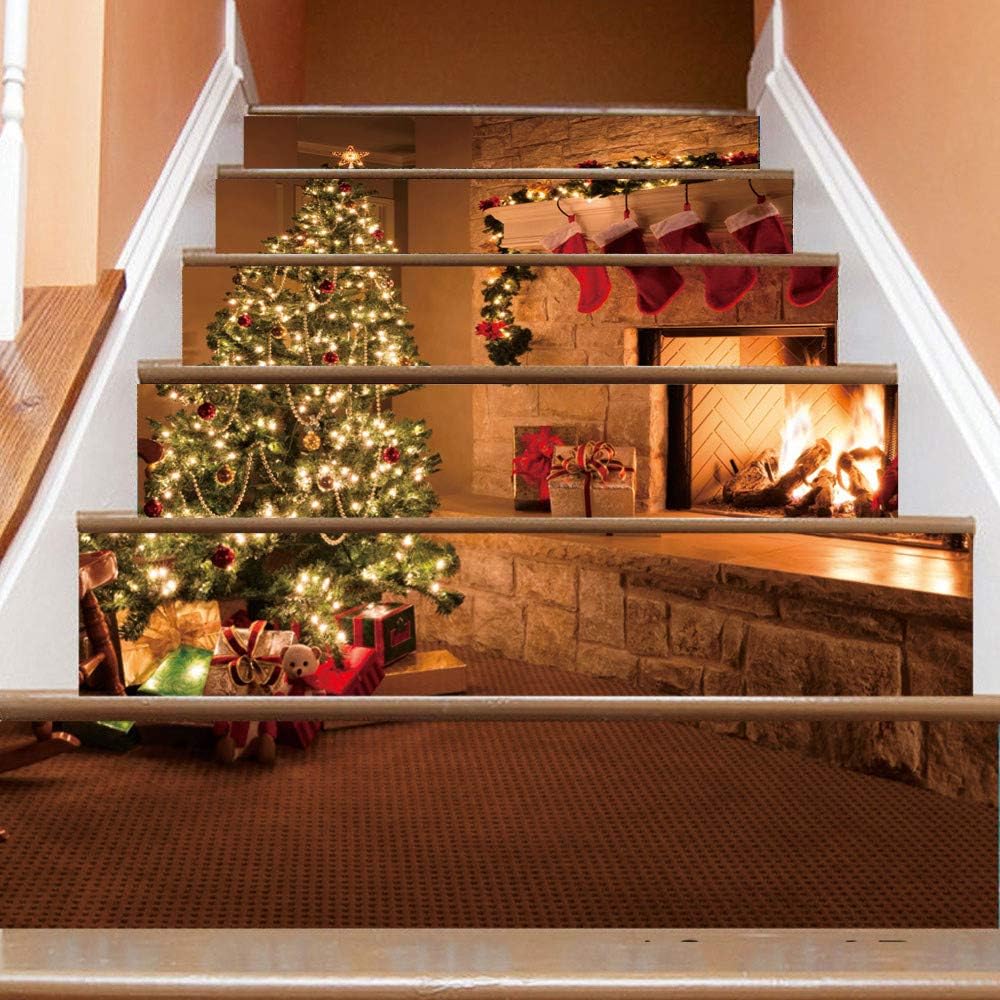YunZyun Christmas 3D Stair Stickers Decals, 7.1''x39.4'', 6Pcs/Set Christmas Tree Stair Risers Stickers Decals Removable Staircase Decals Waterproof Wall Stickers Stairs Decoration (Mult 6Pcs)
