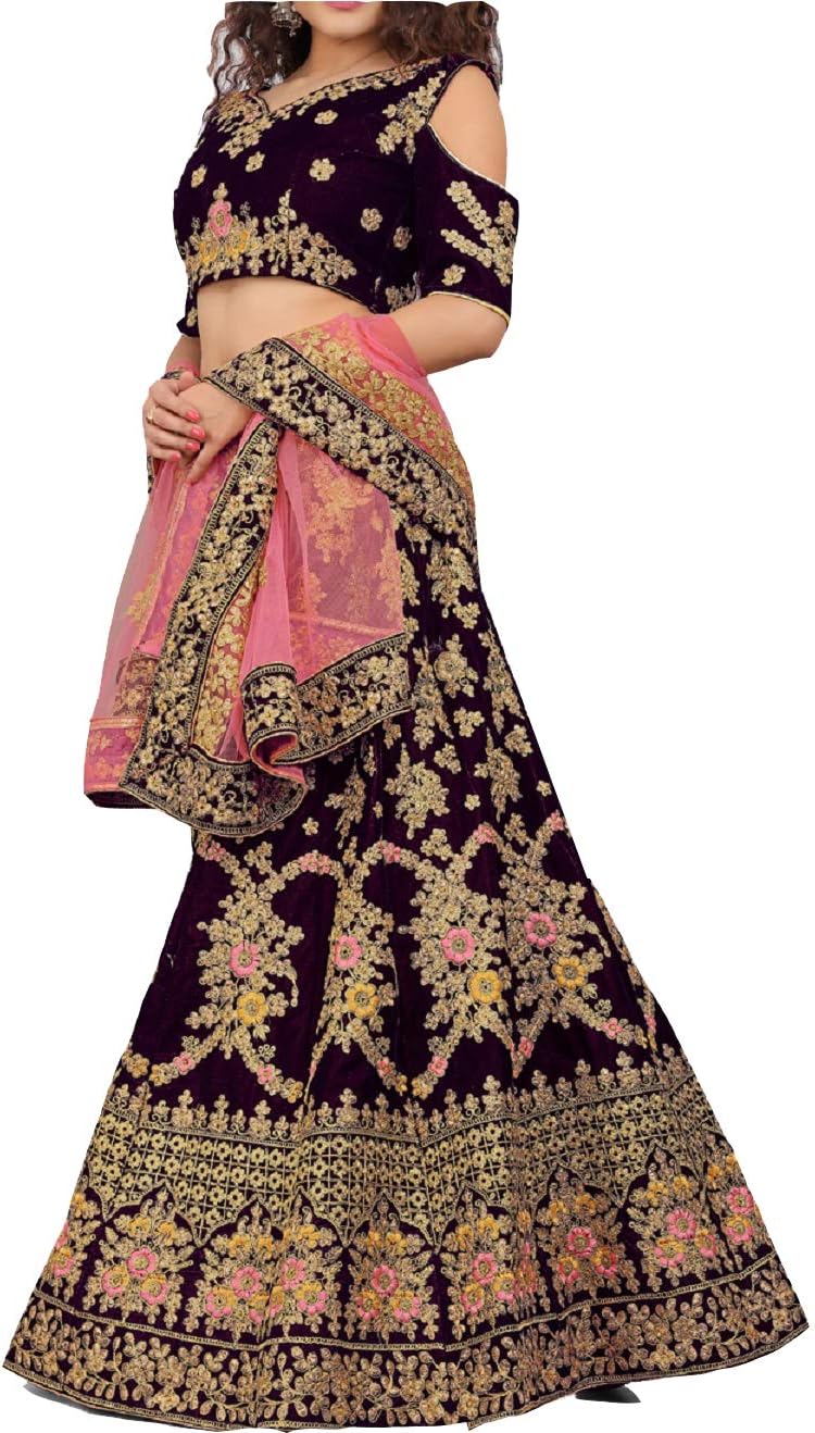 kfgroup Bollywood Designer Women's Readymade Stitched Purple Velvet and Net Heavy Embroidery Lengha Choli