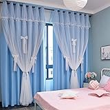 Room Darkening Blackout Curtains with Grommets Kids Lace Drapes Star 2 Layers Pink Blue Gray Purple Window Panels Tie Backs Bedroom Living Room 63 72 84 96 inches Long (Blue, W52 X L63)