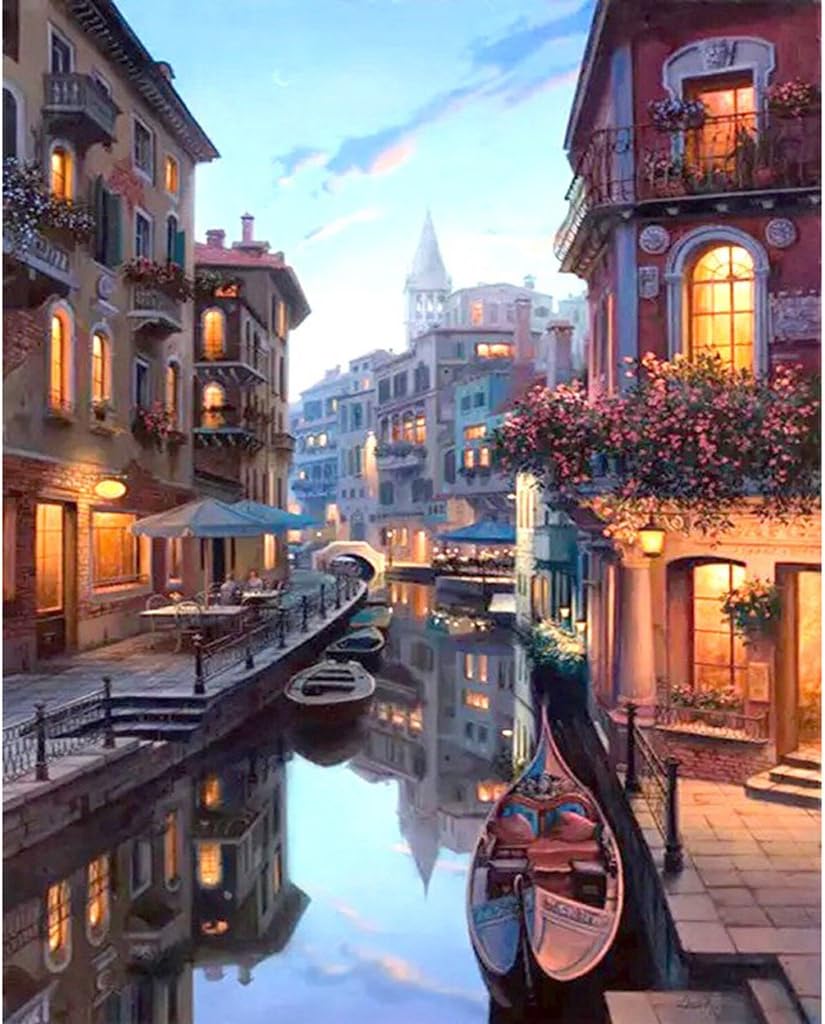 TeemorShop Paint by Number Kit Digital Oil Painting Canvas Venice Night Landscape DIY Decor Home Kitchen Decor