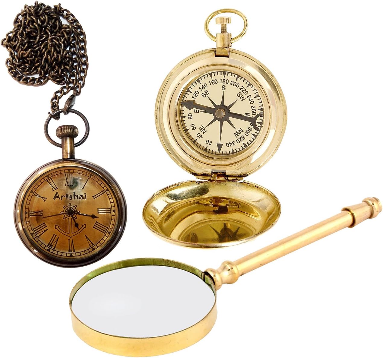 Artshai Combination of Pocket Watch + Magnetic Compass and Magnifying Glass, Quality Brass Products