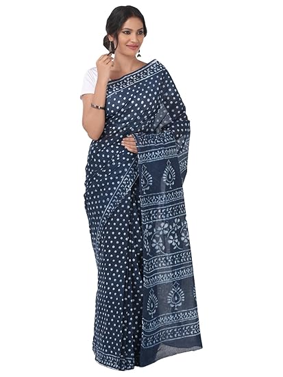 Finest Quality Cotton - Handmade Indigo Dabu print - Block Print Saree with Blouse Piece