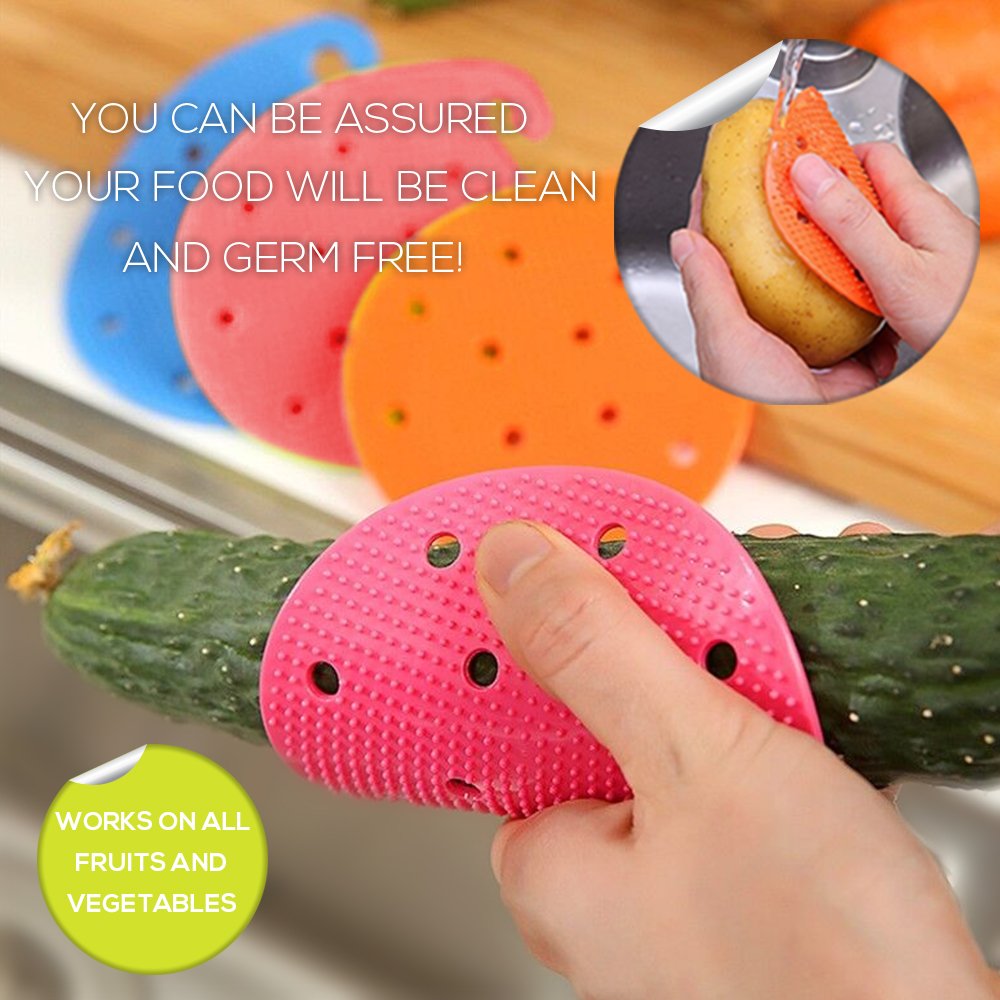 4 Vegetable Scrubber Brushes: Double Sided Silicone Fruit and Vegetable Scrubber - Multi Use: Potato Scrubber - Carrot Brush - Trivet - Jar Opener BBQ grill glove (4 random colors)