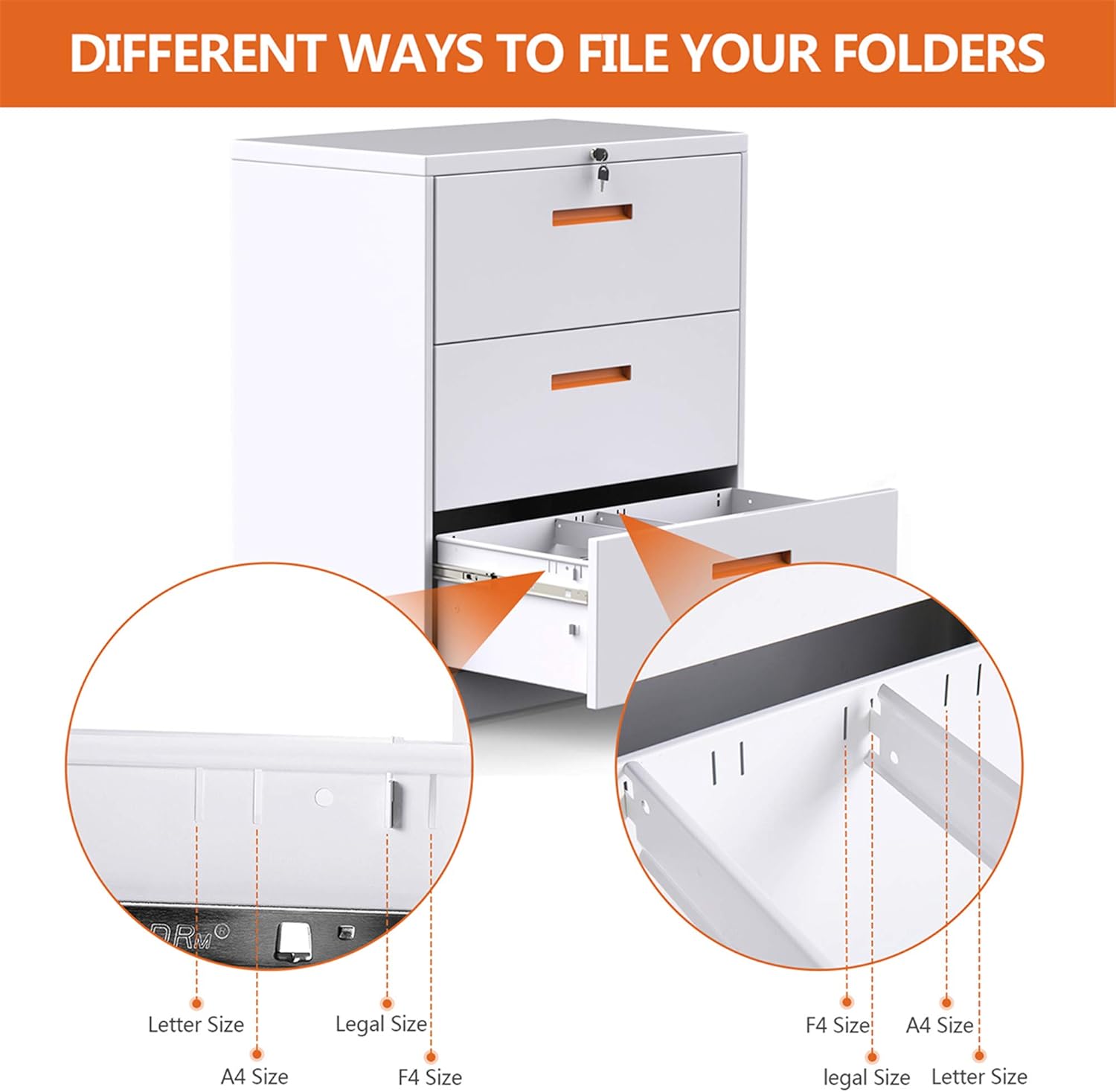 Metal Lateral File Cabinet With Lock 35 4w 28 4h 17 7d 2 Drawers Orange White Lateral File Cabinets