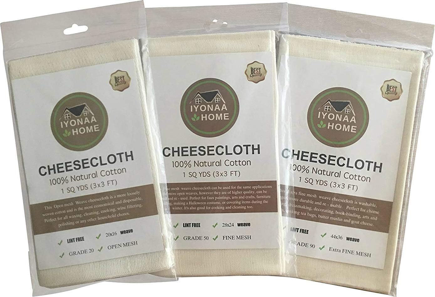IyonaaHome Cheesecloth, 3 Pack, Grades 20,50 & 90, 27 Sq Feet, 100% Unbleached Cotton Fabric Cloths for Butter, Cooking, Strainer, Baking, Halloween Decorations (Grade 20,50 & 90-3 Yards)
