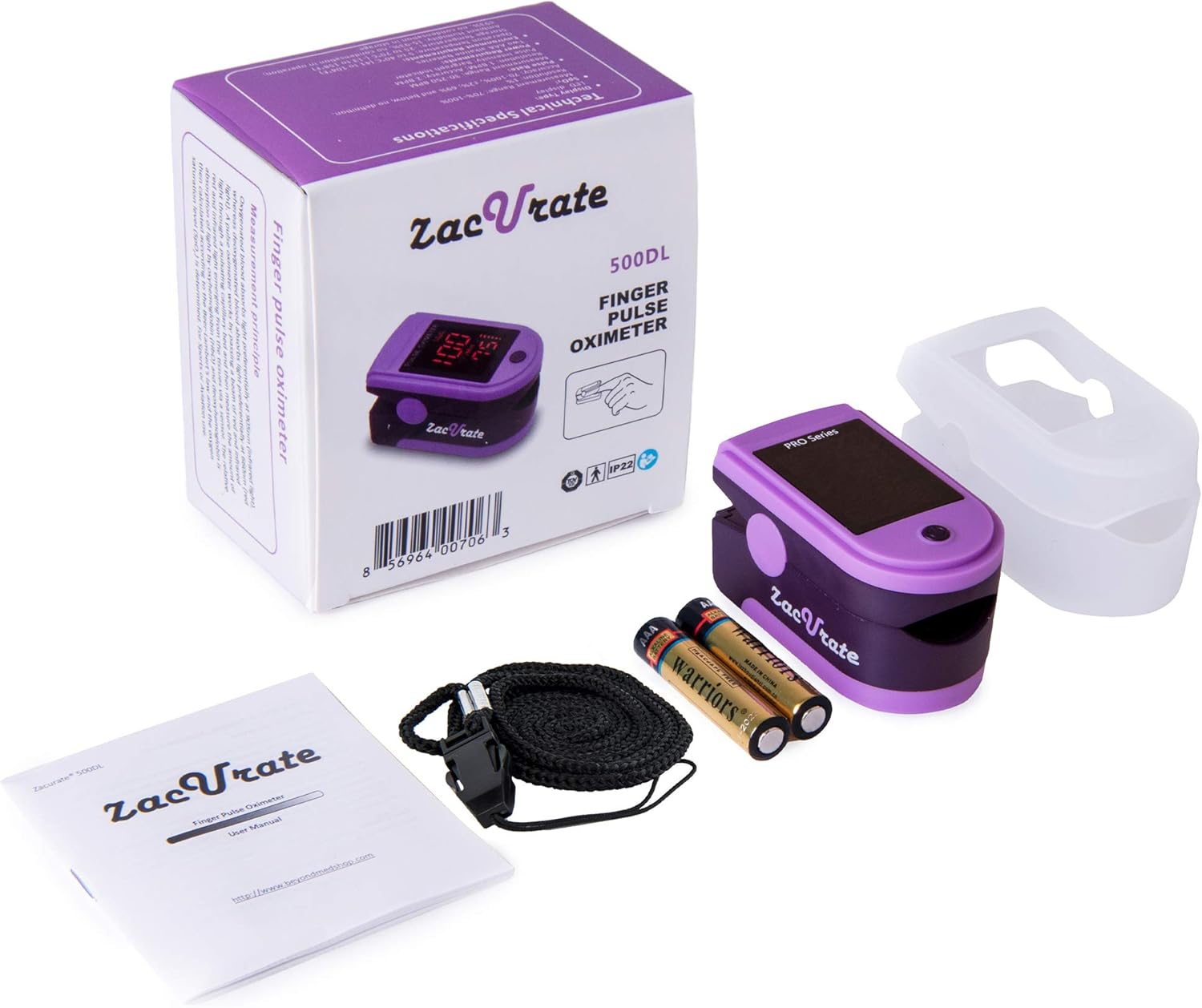 Zacurate Pro Series 500DL Fingertip Pulse Oximeter Blood Oxygen Saturation Monitor with Silicon Cover, Batteries and Lanyard (Mystic Purple): Health & Personal Care