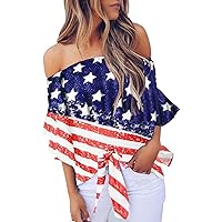 Asvivid Women's Striped Off Shoulder Bell Sleeve Shirt Tie Knot Casual Blouses Tops