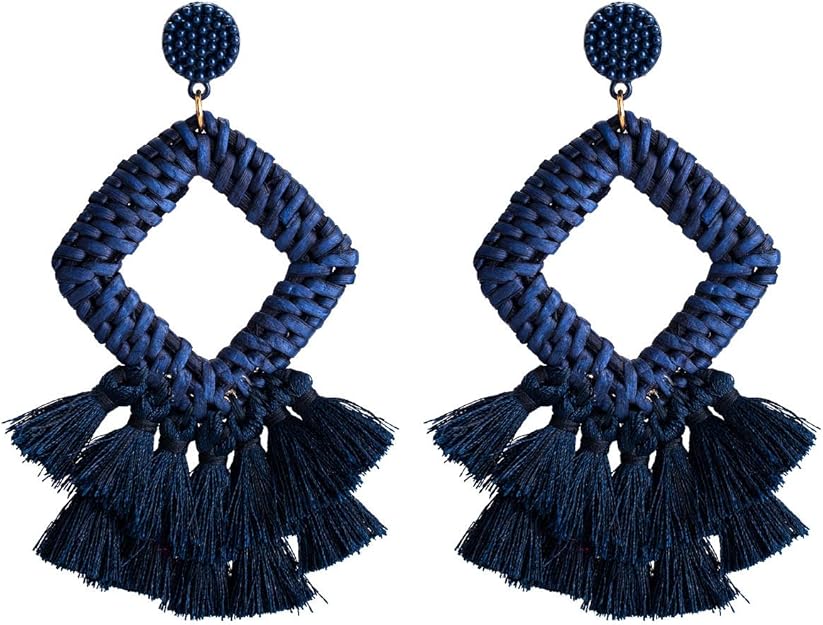 Geometric rattan woven multilayer tassel earrings female earrings