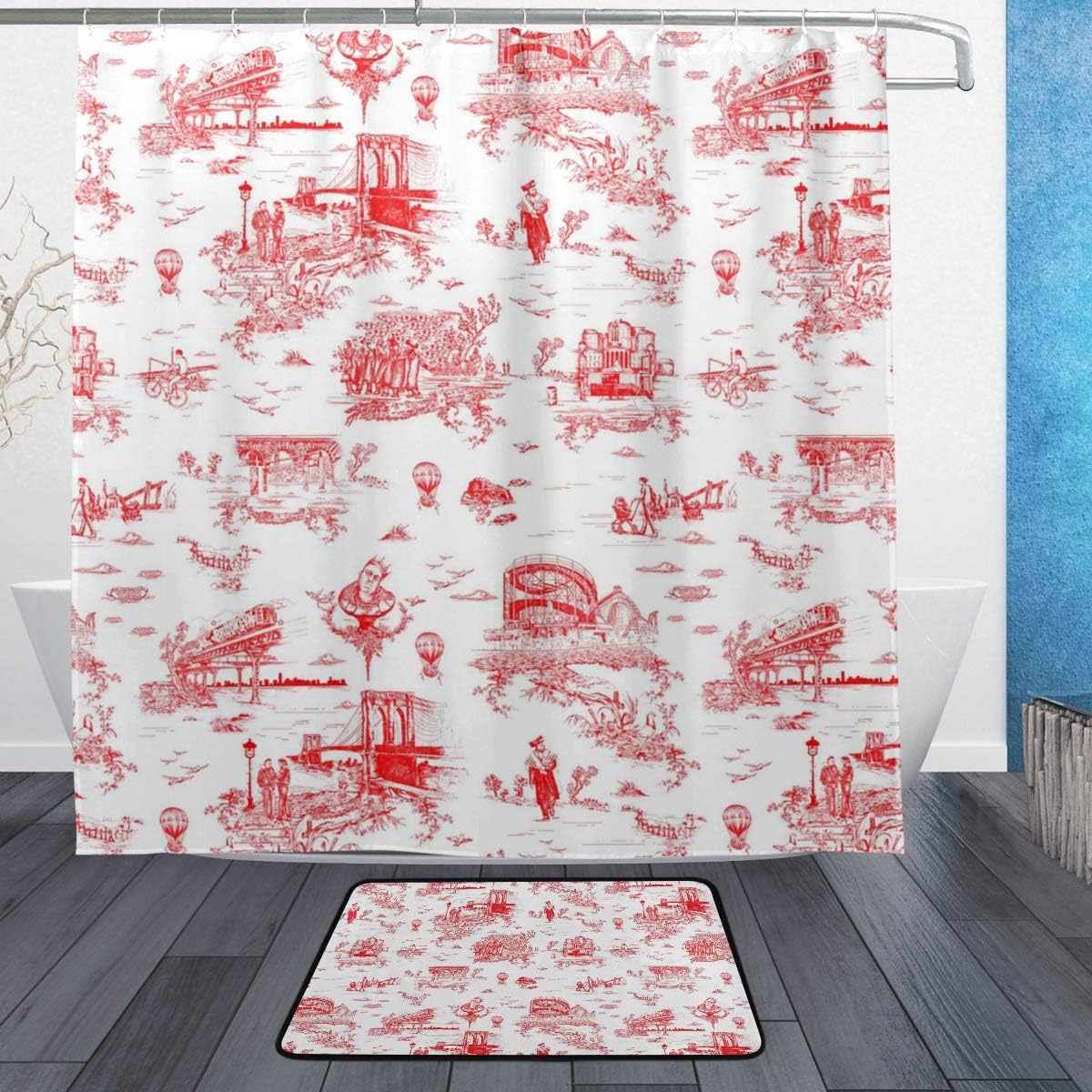 DJROW Brooklyn Toile Diamond Red Press Image Shower Curtain and Bath Rug Set