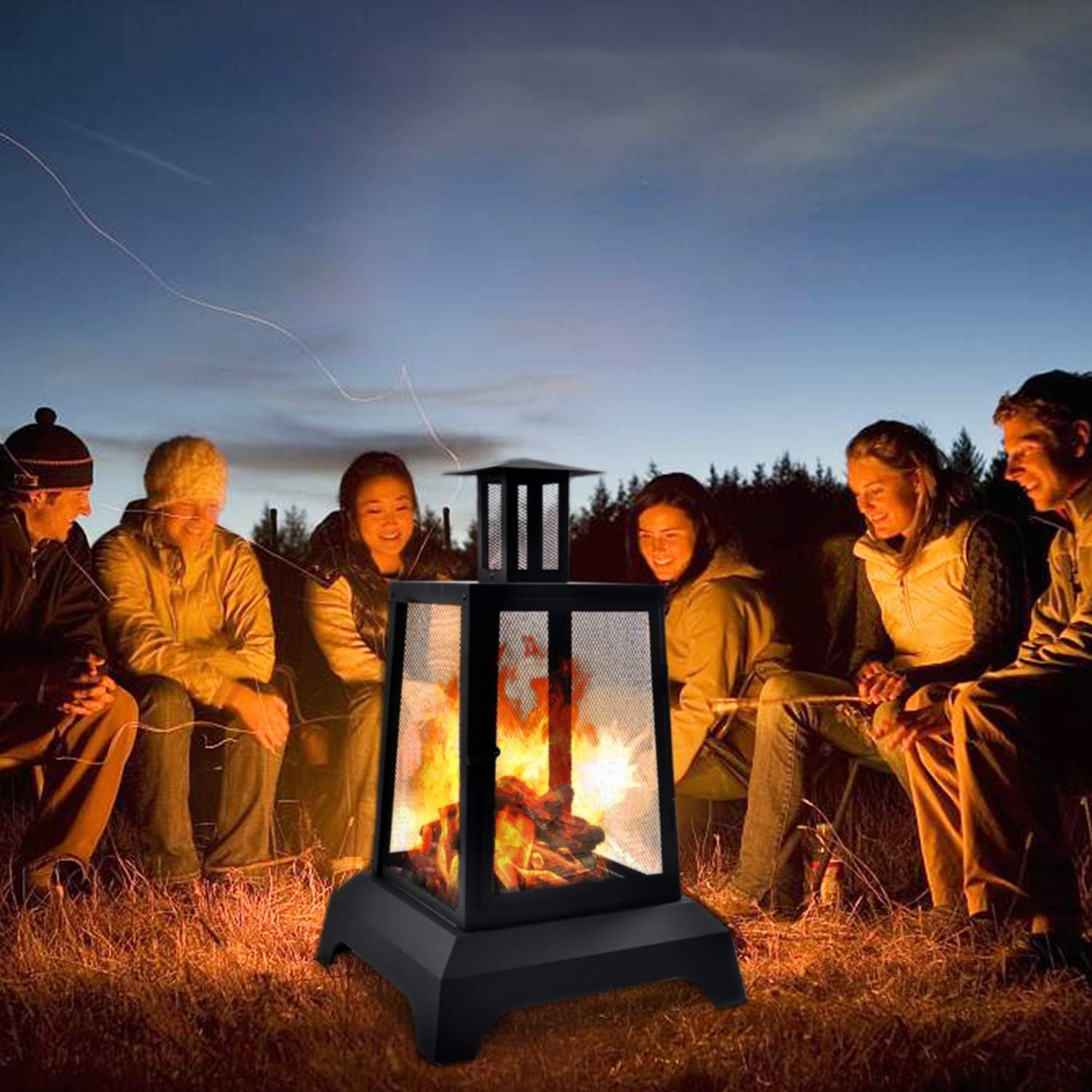 charaHOME Large Fire Pits Wood Burning 44'' High Chimineas Fire Pit Steel Big Outdoor Pagoda Style Firepits Bowl with Mesh Spark Screen Modern Firepits for Camping, Backyard, Party : Garden & Outdoor