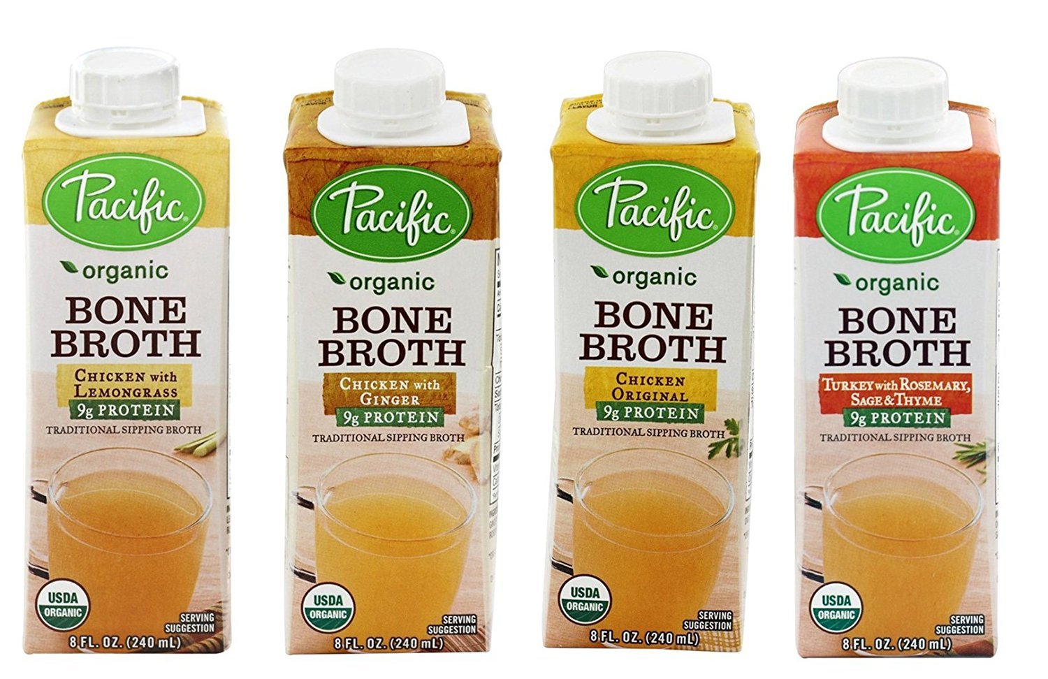 Organic Bone Broth Sampler- Three Free-range Chicken Versions & Turkey, 8 oz each