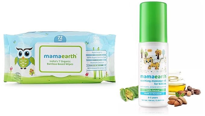 Mamaearth Indias First Organic Bamboo Based Baby Wipes (72 Wipes) & Soothing Massage Oil for Babies (100 ml, 0-5 Yrs) Combo