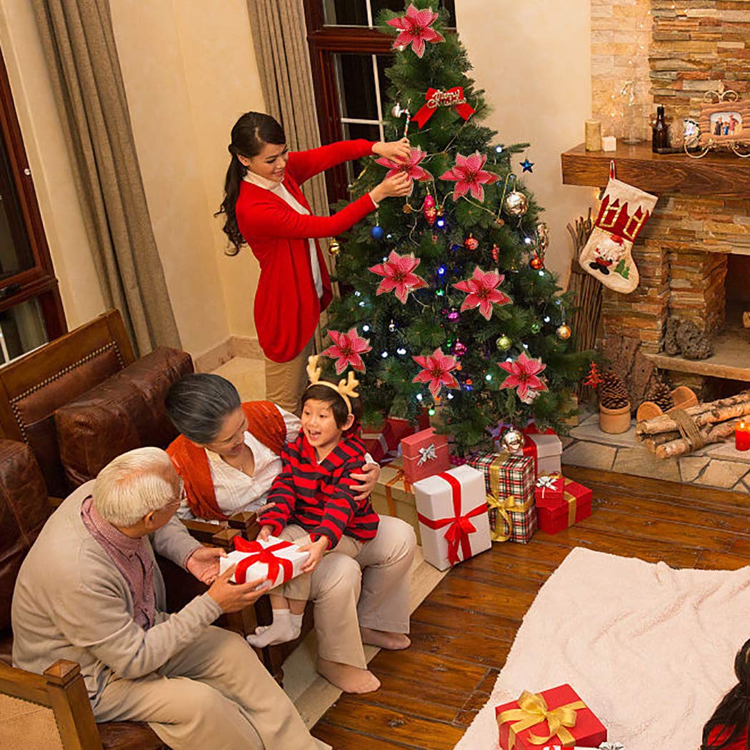 Outgeek Christmas Tree Ornament, 24Pcs 5.91\'\' Glitter Artificial Flowers Christmas Flowers for Wedding Party Christmas Decorations