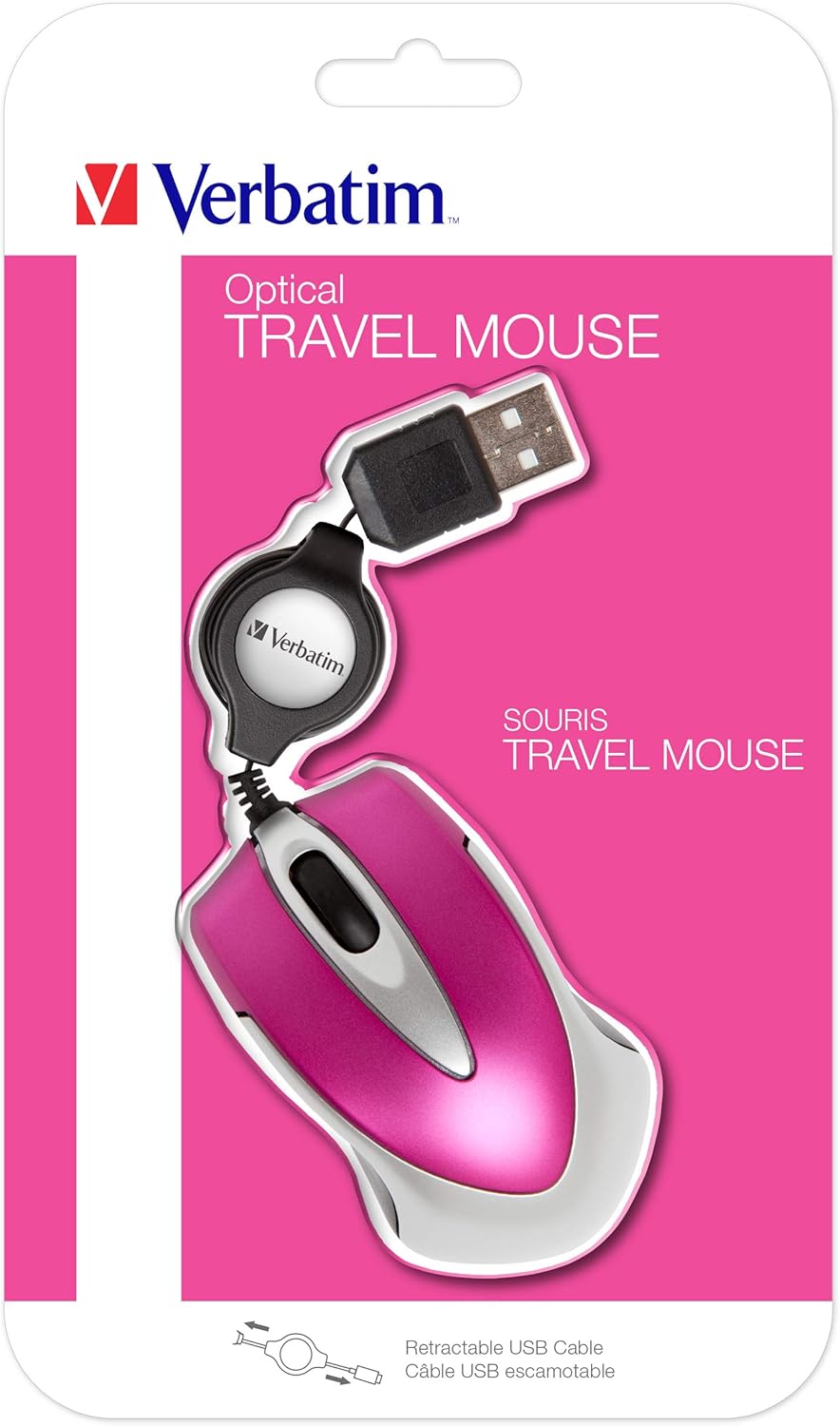 Verbatim Go Mini - USB Optical Travel Mouse with Retractable Cable, hot pink, 99999 - Image 5