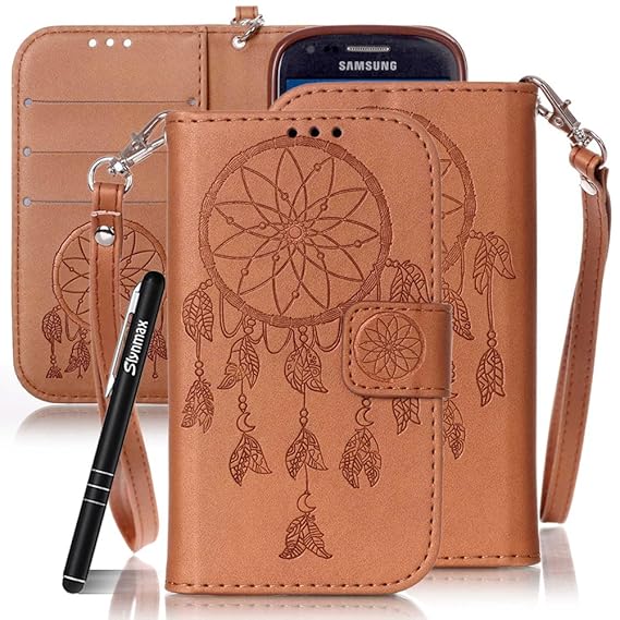 Slynmax Handytasche Schutzhülle für Samsung Galaxy S3 Mini Hülle Braun PU Leder Tasche Flip Case Wallet Campanula Strap Handy