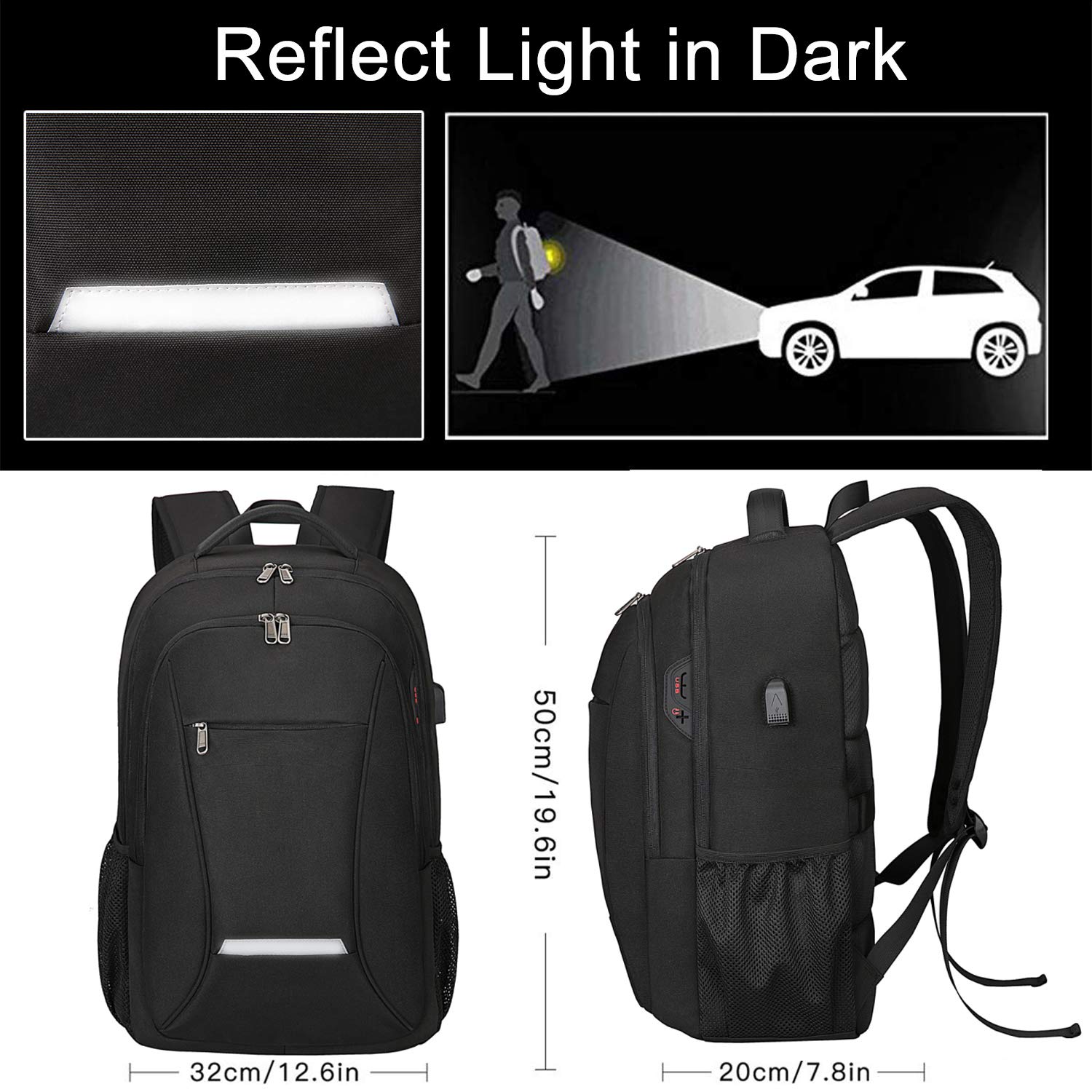 XQXA Laptop Backpack, Travel Business Backpack for Men & Women with USB Charging Port, Water Resistant Anti Theft School College Computer Back Pack Bag Fits Up to 17 Inch Notebook - Black