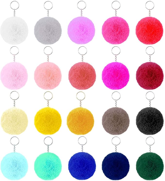 Pom Poms Keychain for Girls Women, Flasoo 20pcs Pom Poms Keychain Bulk