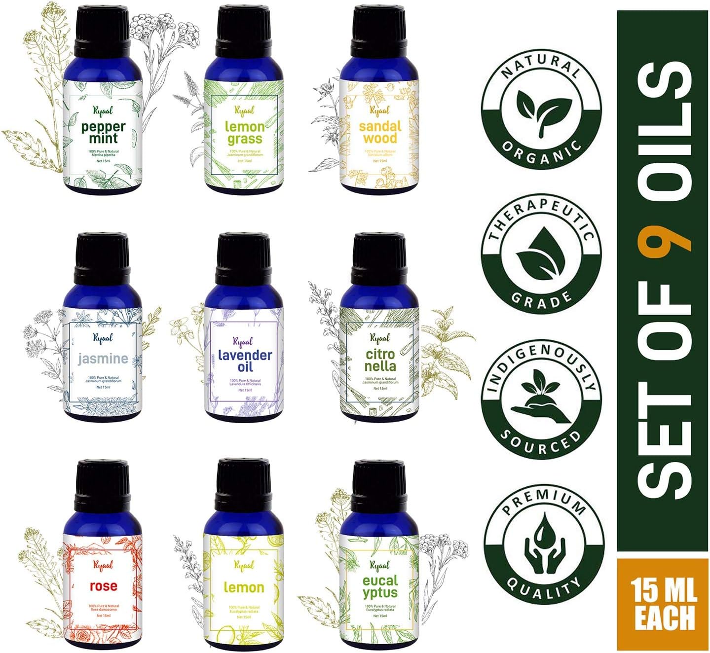 Ryaal Essential Oil Gift Set 9 In One Aroma Oil Pack For Diffusers Therapeutic Grade - 15 Ml Each
