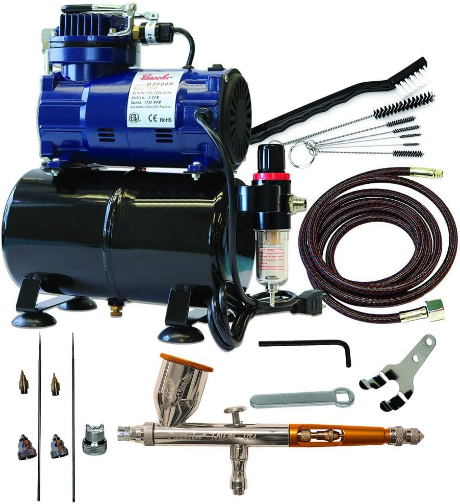 PaascheDouble Action Gravity Feed Airbrush Set and Compressor with Tank, Metal, Gray