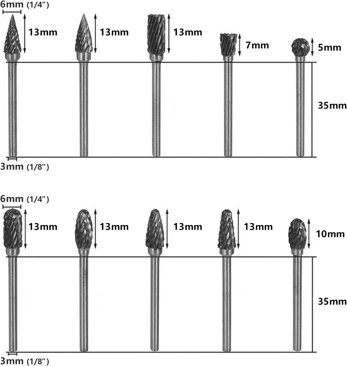 shengbenhao Tungsten Carbide Burr Set 1/4" Shank,10 Pcs Double Cut Die Grinder Bits Rotary Burrs for Metal Wood Working Grinding - Image 3
