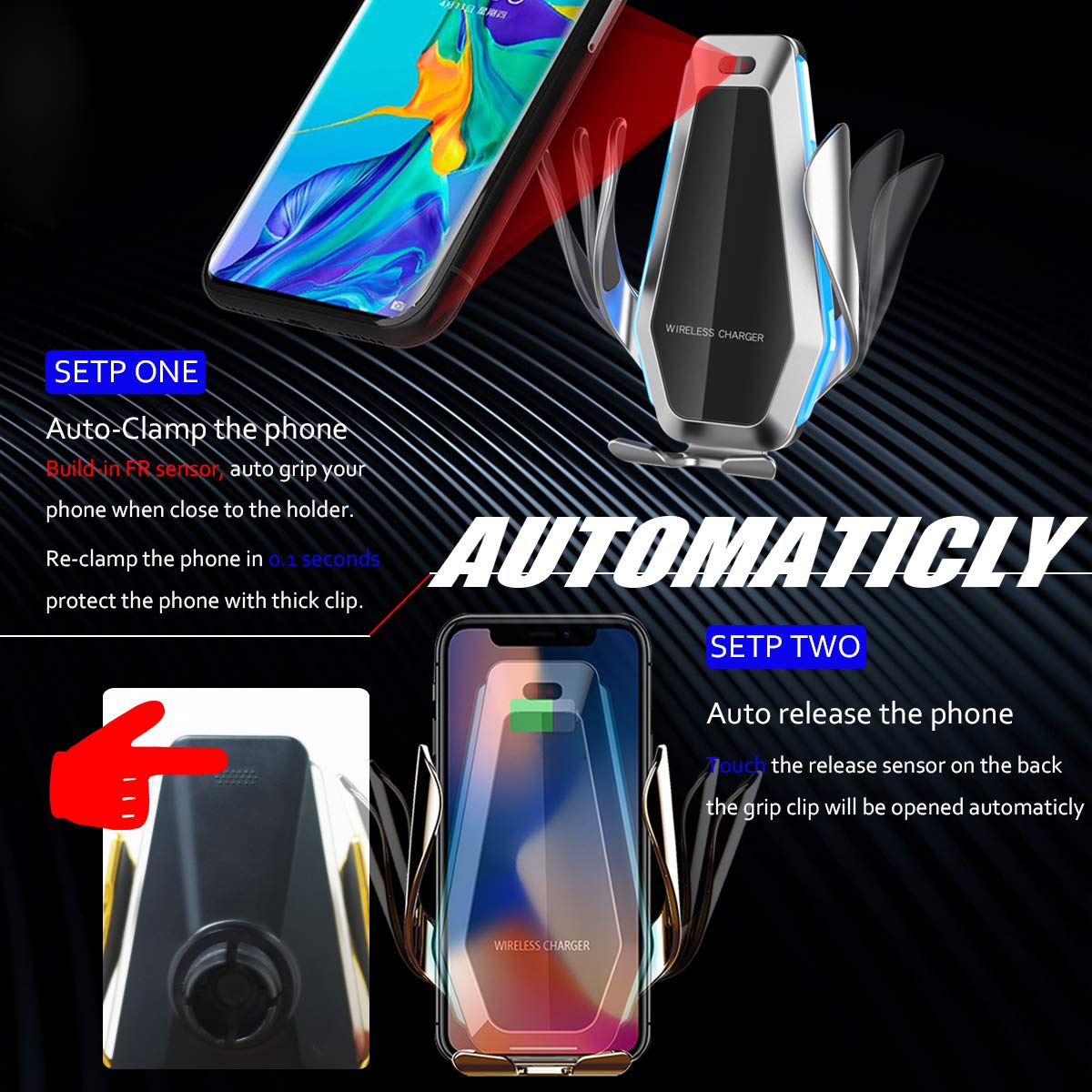 EZNILE Wireless Car Charger Mount Auto-Clamp Free Rotation Windshield Dash Air Vent Phone Holder 10W Qi Fast Charging Compatible with iPhone11/Xs MAX/XS/XR/X/8Plus/8,Samsung S6/S7/S8/S9 Edge+ (silver)