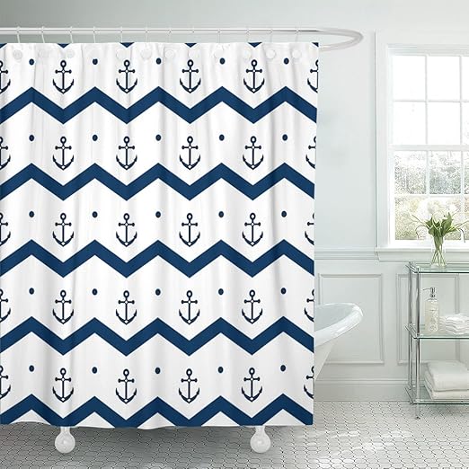 Amazon Com Tompop Shower Curtain Navy Pattern Chevron Anchors In
