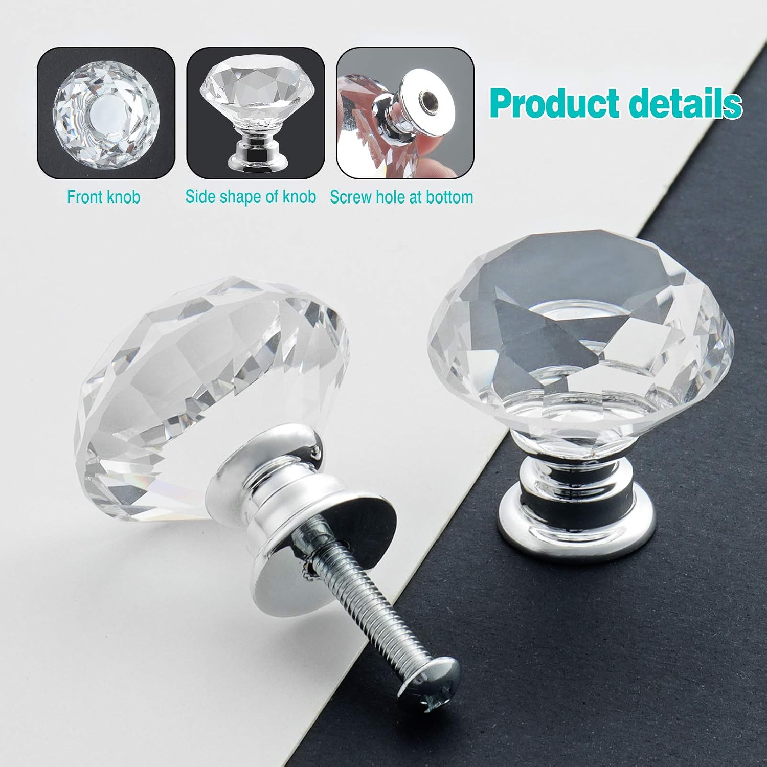 Fest 20pcs 30mm Transparent Crystal Glass Diamond Door Handle with Screws, high-end Light Luxury Handle for Wardrobe Cabinet Drawer Handle Single Hole Handle for Home Decoration - Image 4