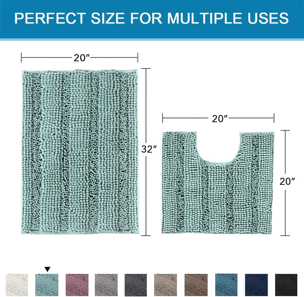 Bathroom Rugs Bath Mats Striped Shag Chenille Bathroom Rug Toilet Sets Non Slip Water-Absorbent Dry Fast Soft Microfiber Bath Contour Mat(47"x 17" and 20" x 20" U Shape, Black): Home & Kitchen