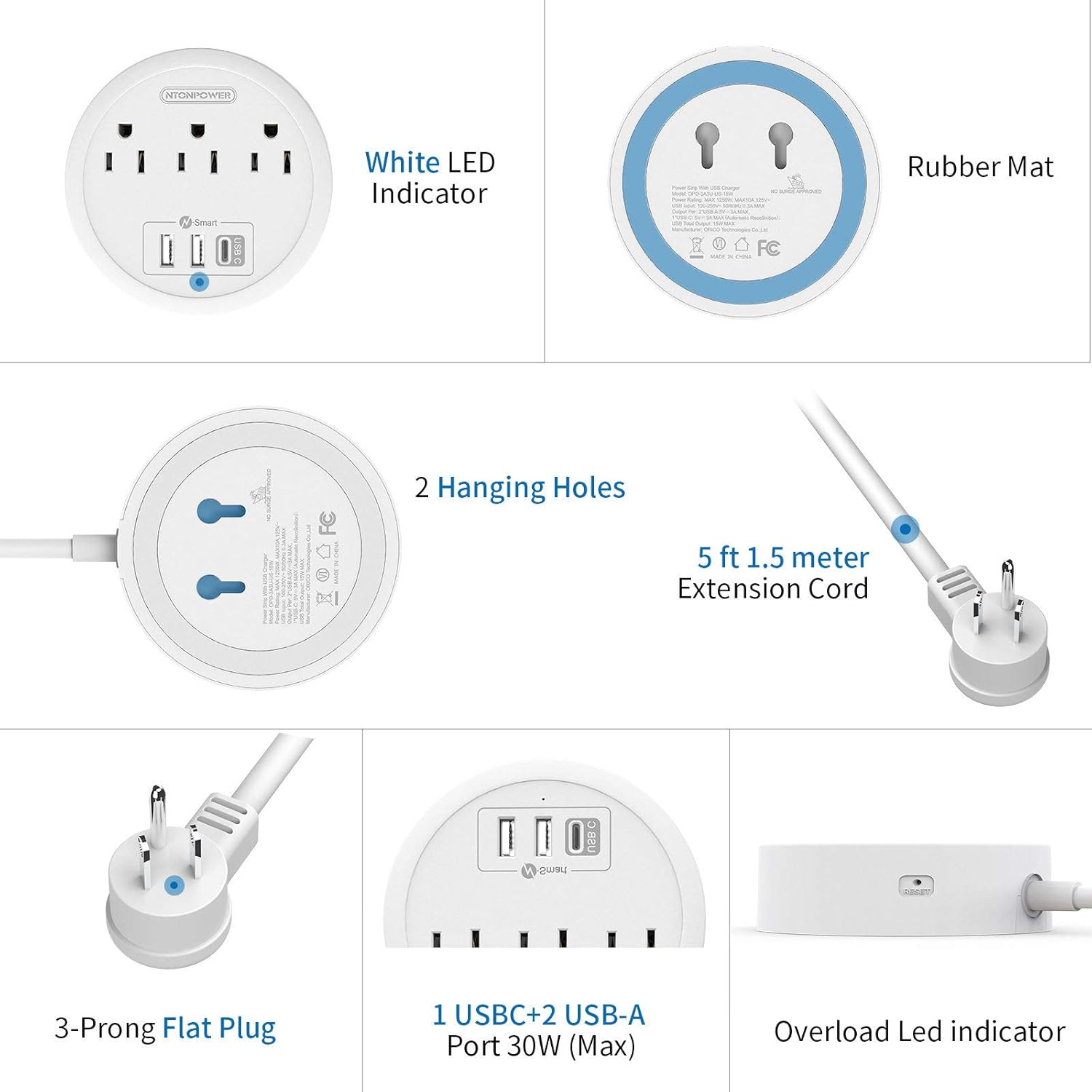 USB C Power Strip with 30W Power Delivery, NTONPOWER Flat Plug Power Strip with 5ft Extension Cord, 3 Outlets 3 USB Desktop Charging Station, Wall Mountable, Compact for Office Home Dorm Essentials: Electronics