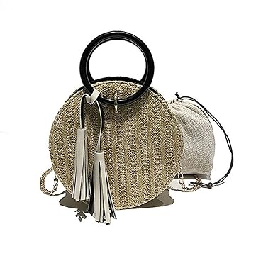JOSEKO Women Straw Purse, JOSEKO Summer Beach Bag Circle Crossbody Bag Round Rattan Bag Shoulder Satchel Khaki 7.87x 3.93x 7.87(LxWxH)