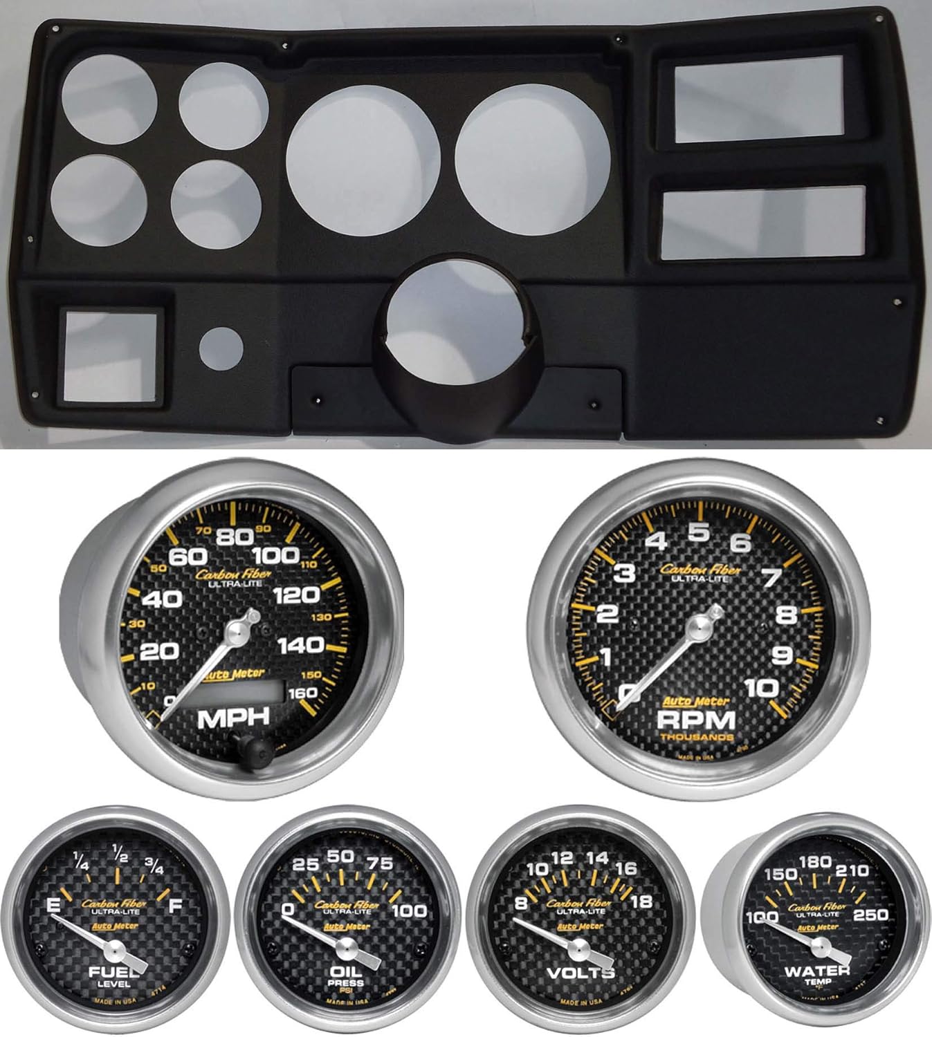 84-87 Chevy Truck Black Dash Carrier w/Auto Meter Carbon Fiber 5" Gauges