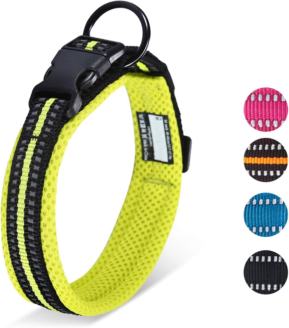 HAPPY HACHI Adjustable Reflective Nylon Dog Collar, Neoprene Padding Puppy Collars for Small Medium Large Dogs, Pet Collar With safety buckle, Lightweight for Walking Training, M, Green