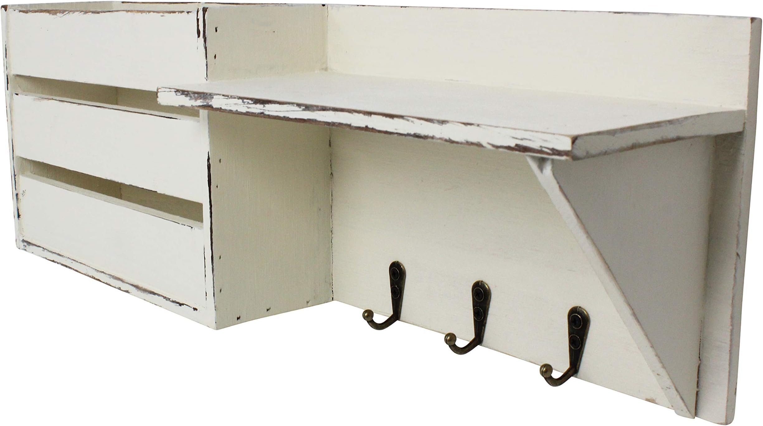 Vintage Torched Wood Rustic Wall Mounted Key & Mail Holder/Organizer with 3 Key Hooks, 1 Compartment, and Shelf - for Entryway or Mud Room – Holds Documents, Bills, Letters, Keys and More - White