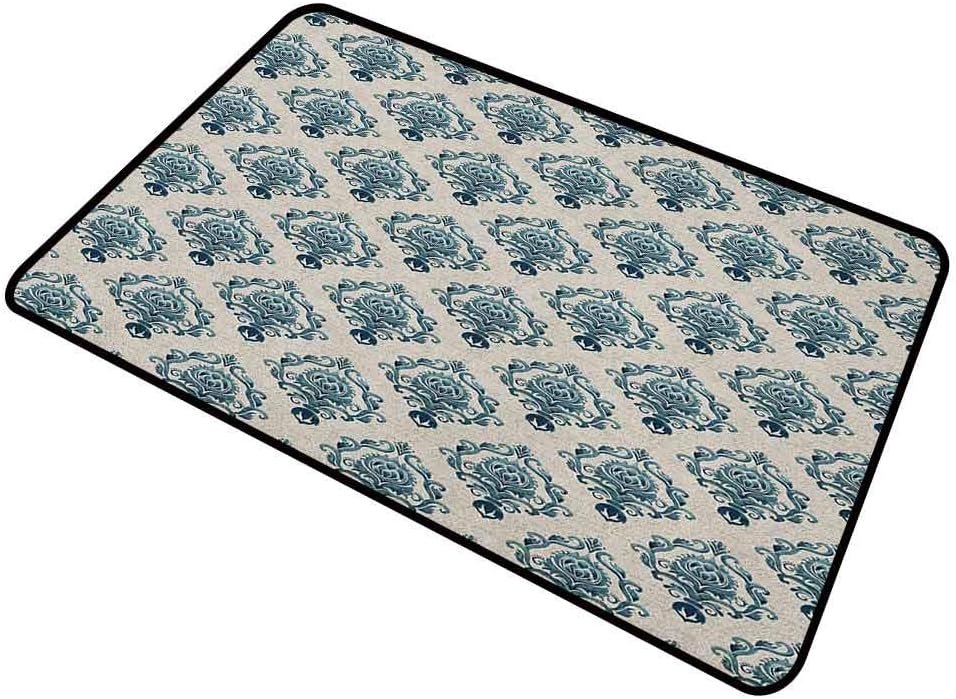 shirlyhome Funny Doormat Damask for Dogs Muddy Paws Nostalgia Themed Composition with Baroque Blooms and Hand Writing Backdrop 20"x31" Tan Petrol Blue