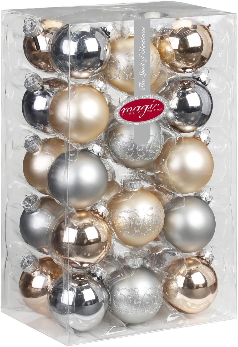 MAGIC 28 Christbaumkugeln 6cm mit Dekor Glas Weihnachtsschmuck Box