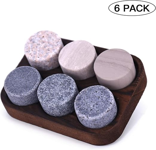 Amazon Com 6 Pack Whiskey Stones Whiskey Stones Set Of Round Granite Whiskey Rocks With Elegant Wooden Storage Tray For Chilling Beverages Kitchen Dining
