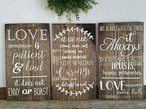 MaxwellYule Love is Patient Love is Kind Love Never Fails Set of 3 Wood Signs 1 Corinthians 13 Love Chapter Rustic Signs
