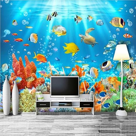 Amazon Co Jp カスタム写真壁画エンボス壁紙水中世界魚サンゴ子供部屋リビングルーム壁装飾壁紙 0x140cm ホーム キッチン