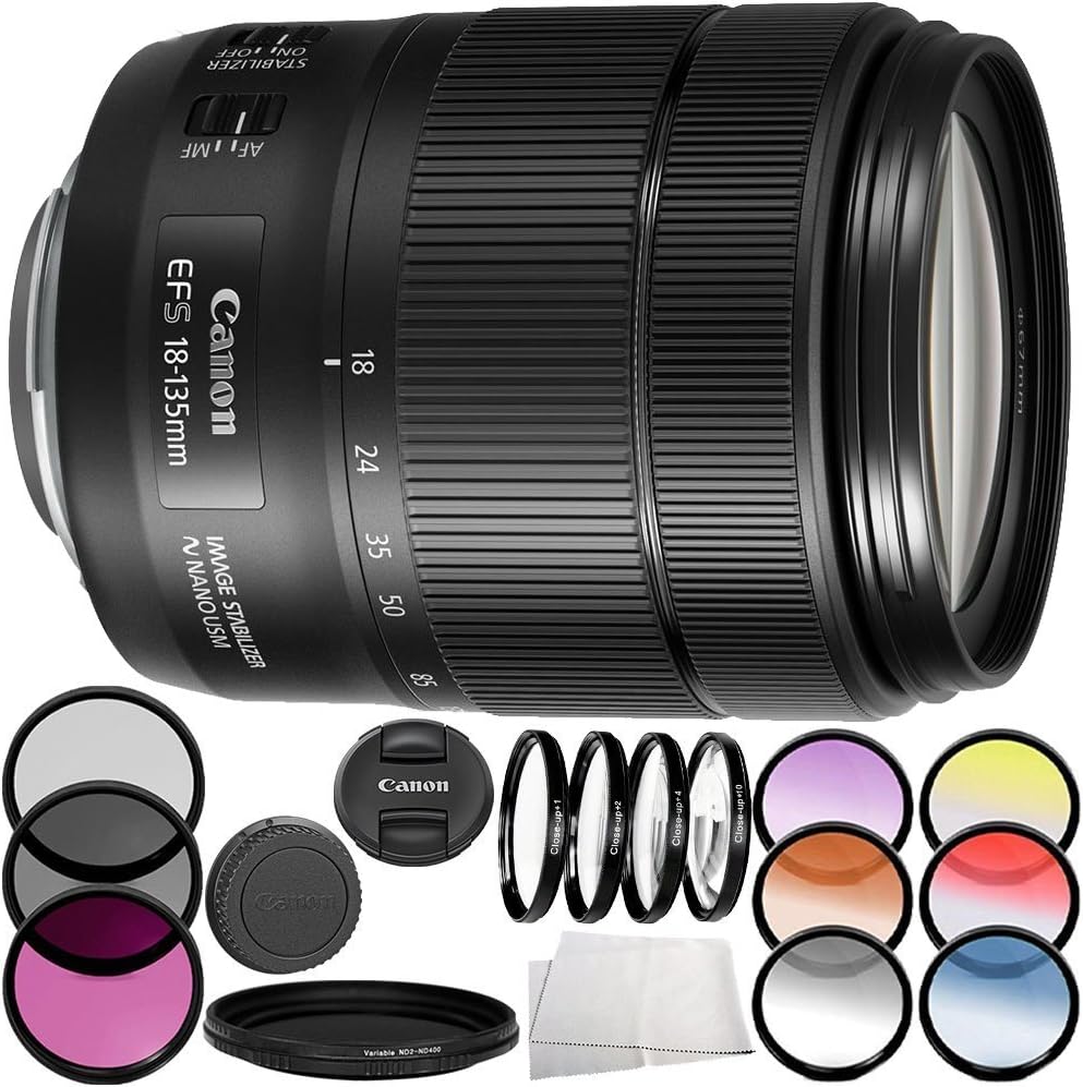 Canon EF-S 18-135mm f/3.5-5.6 is USM Lens 8PC Bundle – Includes 3 Piece Filter Kit (UV + CPL + FLD) + 4PC Macro Filter Set (+1,+2,+4,+10) + More (Renewed)