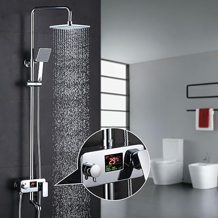 Homelody 3-Wege Duschsystem LCD Temperatur-Anzeige Duscharmatur mit Rainshower Regendusche Handbrause Duschkopf Dusche Armatu