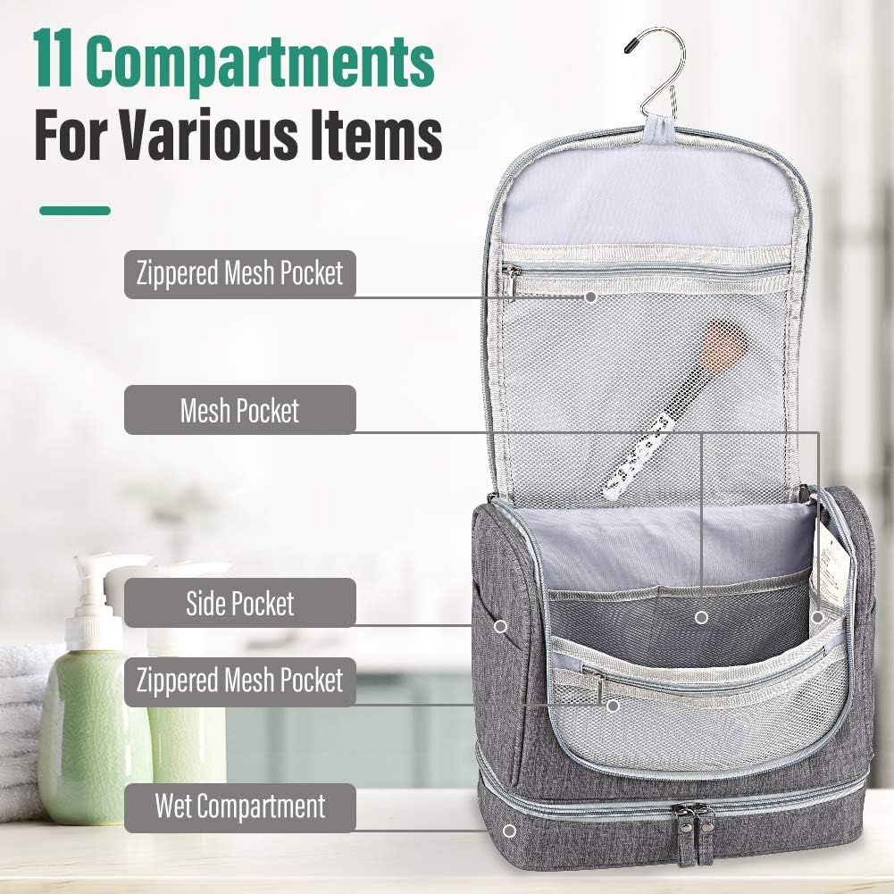 Toiletry Bag, VAGREEZ Upgraded Hanging Travel Toiletry Organizer Kit with Heavy-duty Zippers Waterproof Comestic Bag Dop Kit for Men or Women (Grey): Clothing