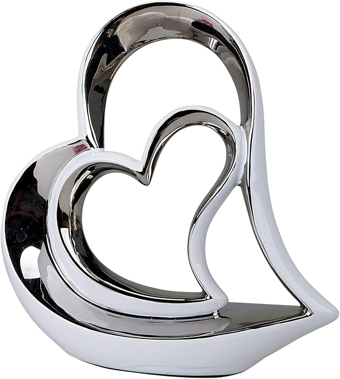 Modern Decorative Heart Sculpture Made of Ceramic White/Silver Height