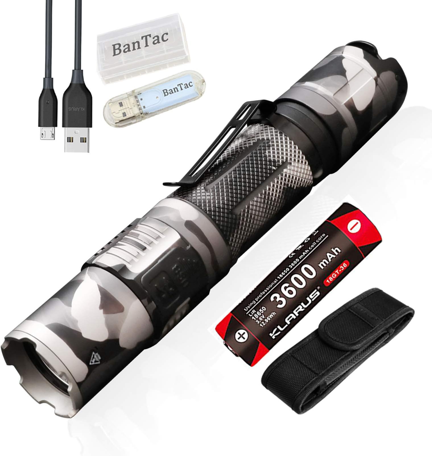 Klarus XT2CR Tactical Flashlight 1600 Lumens/ 240 Meters CREE XHP35 HD E4 LED Torch Lamp USB Rechargeable Waterproof Flashlight, with 18650 Battery +BanTac USB Light+ Battery Case (Urban Camo)